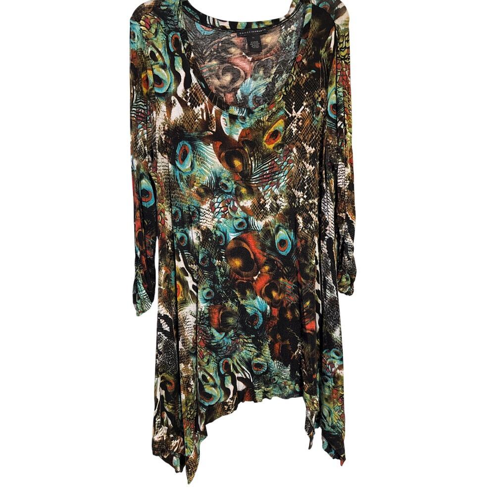 Grace Elements Sx XL‎ Peacock Print Asymmetrical Tunic